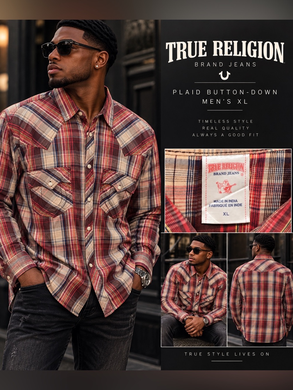 True Religion Men's Red Plaid Button-Down Shirt size XL